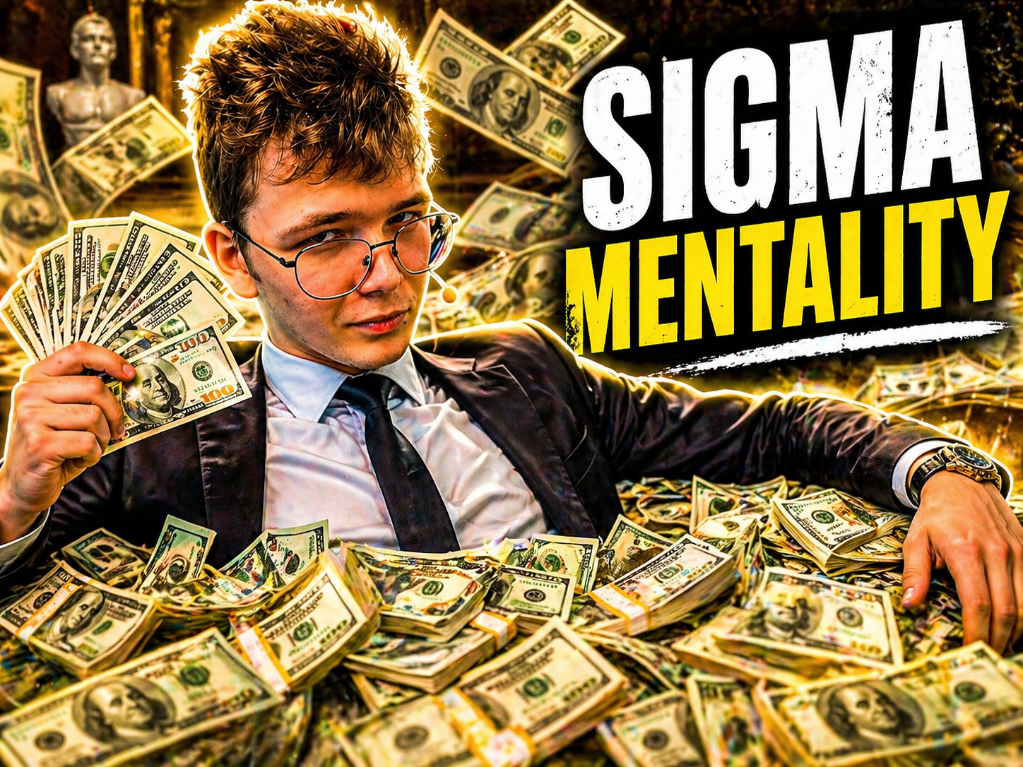 Denis surrounded by cash, sigma mentality