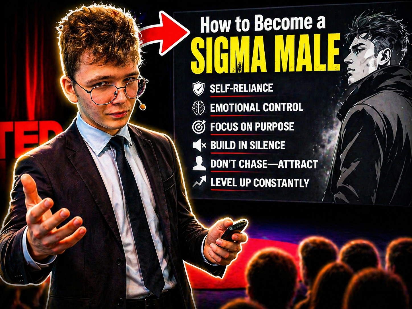 Denis giving a TED talk on becoming a sigma male